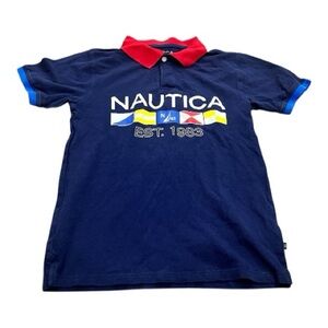 Nautica Boys Short Sleeve Polo Shirt, Navy Blue, Logo, Size 14-16